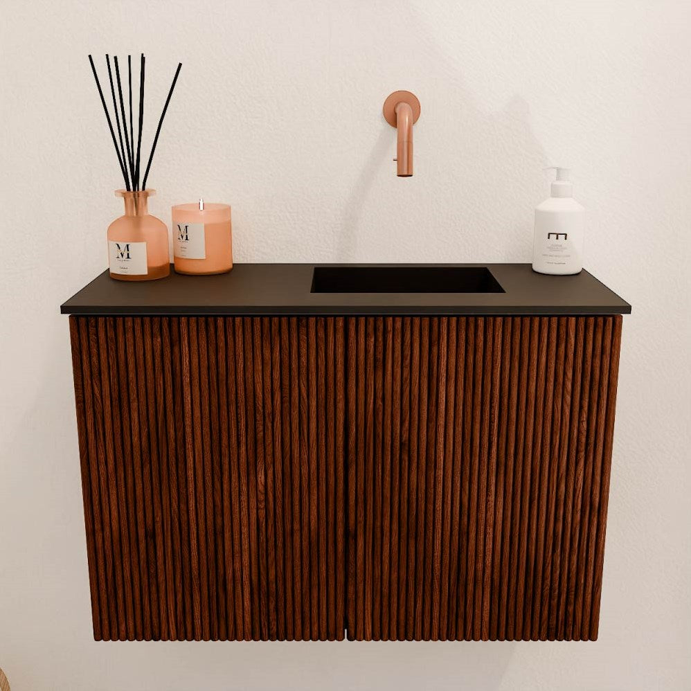 JOYA 60cm toiletmeubel kleur Ruby. Wastafel FAYE positie Rechts Zonder kraangat kleur Urban.
