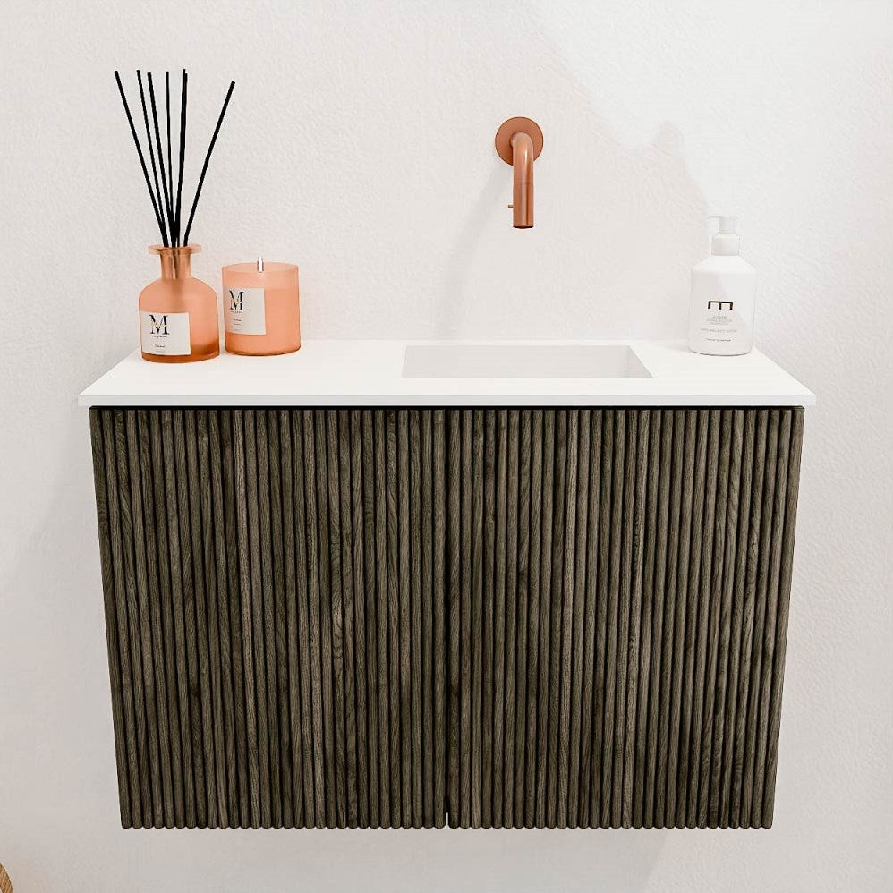 JOYA 60cm toiletmeubel kleur Shadow. Wastafel FAYE positie Rechts Zonder kraangat kleur Talc.