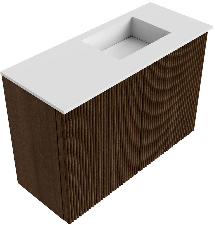 JOYA 60cm toiletmeubel kleur Walnut. Wastafel FAYE positie Rechts Zonder kraangat kleur Talc.