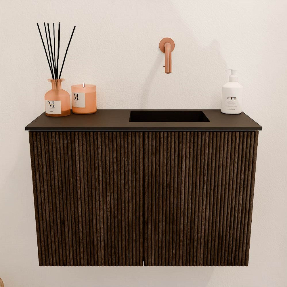 JOYA 60cm toiletmeubel kleur Walnut. Wastafel FAYE positie Rechts Zonder kraangat kleur Urban.