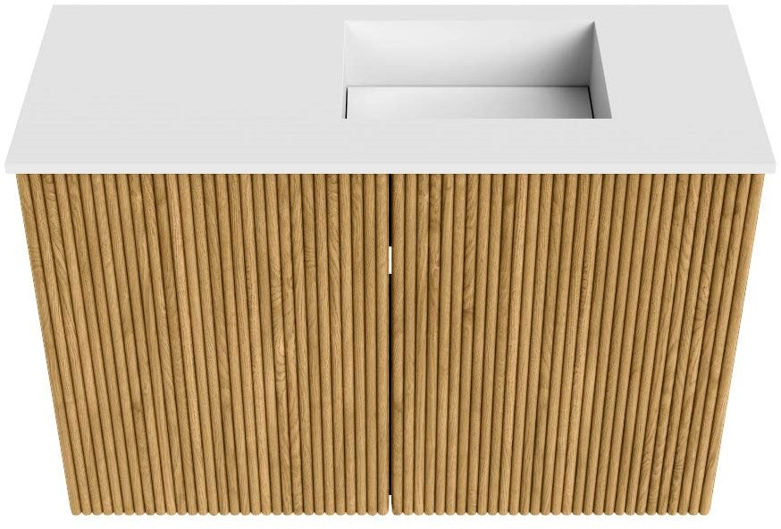 JOYA 60cm toiletmeubel kleur Oak. Wastafel FAYE positie Rechts 1 kraangat kleur Talc.