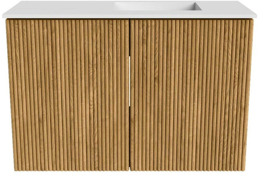 JOYA 60cm toiletmeubel kleur Oak. Wastafel FAYE positie Rechts 1 kraangat kleur Talc.