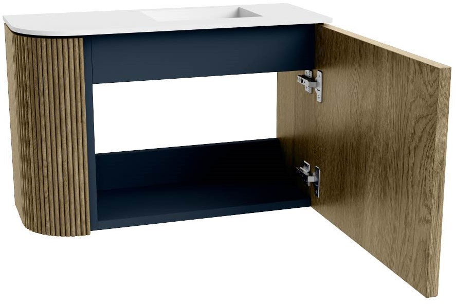 JOYA 61,6cm toiletmeubel ronding links kleur Dusk. Wastafel FAYE positie Rechts Zonder kraangat kleur Talc.