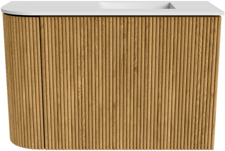 JOYA 61,6cm toiletmeubel ronding links kleur Oak. Wastafel FAYE positie Rechts Zonder kraangat kleur Talc.