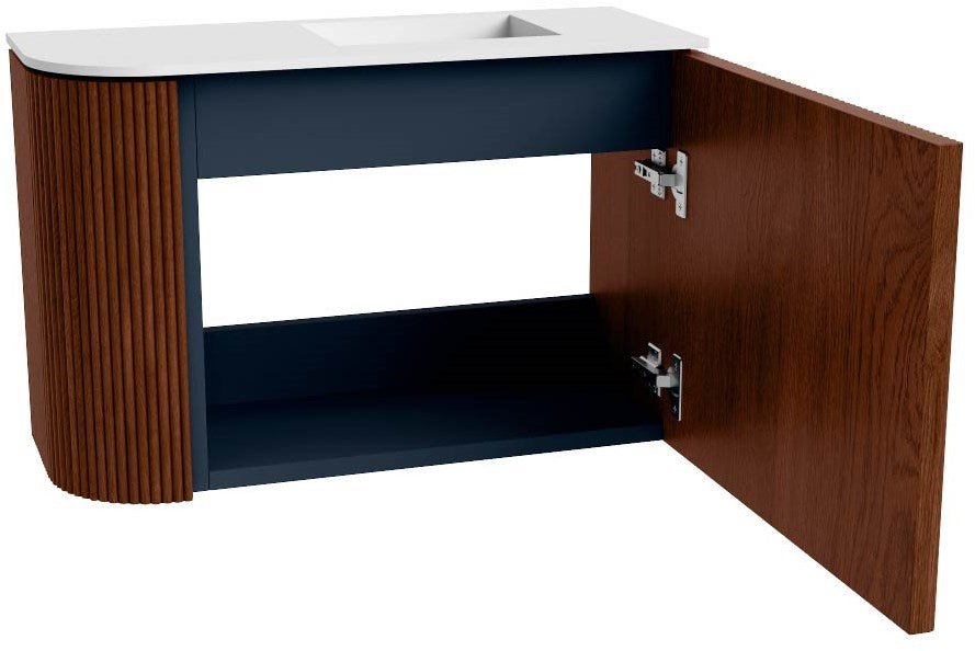 JOYA 61,6cm toiletmeubel ronding links kleur Ruby. Wastafel FAYE positie Rechts Zonder kraangat kleur Talc.