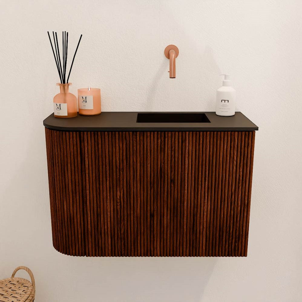 JOYA 61,6cm toiletmeubel ronding links kleur Ruby. Wastafel FAYE positie Rechts Zonder kraangat kleur Urban.