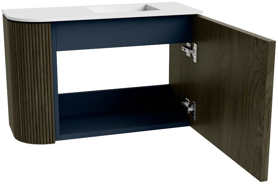 JOYA 61,6cm toiletmeubel ronding links kleur Shadow. Wastafel FAYE positie Rechts Zonder kraangat kleur Talc.