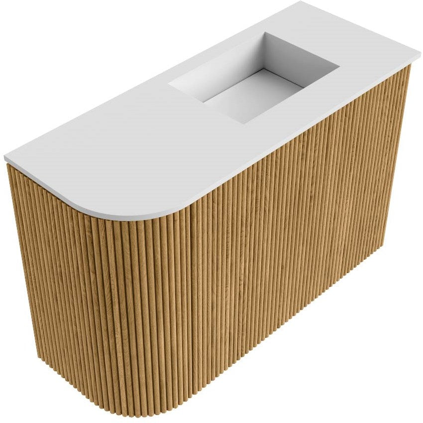 JOYA 61,6cm toiletmeubel ronding links kleur Oak. Wastafel FAYE positie Rechts 1 kraangat kleur Talc.