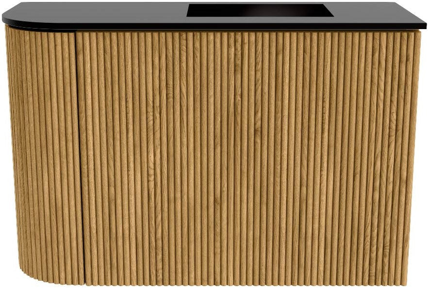 JOYA 61,6cm toiletmeubel ronding links kleur Oak. Wastafel FAYE positie Rechts 1 kraangat kleur Urban.