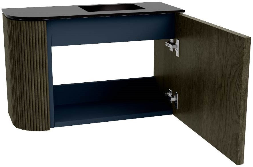 JOYA 61,6cm toiletmeubel ronding links kleur Shadow. Wastafel FAYE positie Rechts 1 kraangat kleur Urban.
