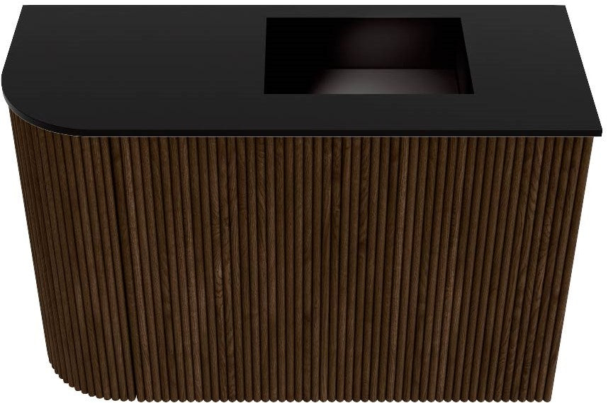 JOYA 61,6cm toiletmeubel ronding links kleur Walnut. Wastafel FAYE positie Rechts 1 kraangat kleur Urban.