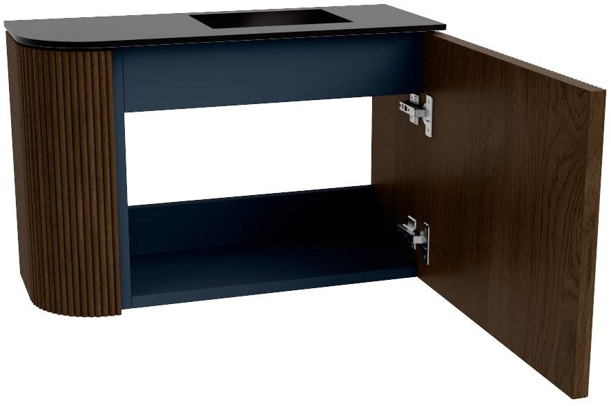 JOYA 61,6cm toiletmeubel ronding links kleur Walnut. Wastafel FAYE positie Rechts 1 kraangat kleur Urban.
