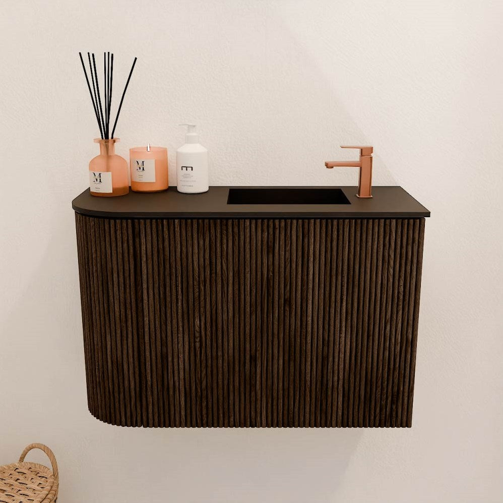 JOYA 61,6cm toiletmeubel ronding links kleur Walnut. Wastafel FAYE positie Rechts 1 kraangat kleur Urban.