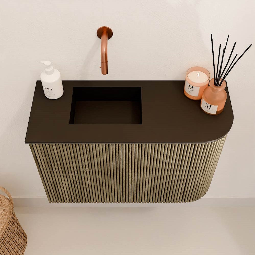 JOYA 61,6cm toiletmeubel ronding rechts kleur Dusk. Wastafel FAYE positie Links Zonder kraangat kleur Urban.