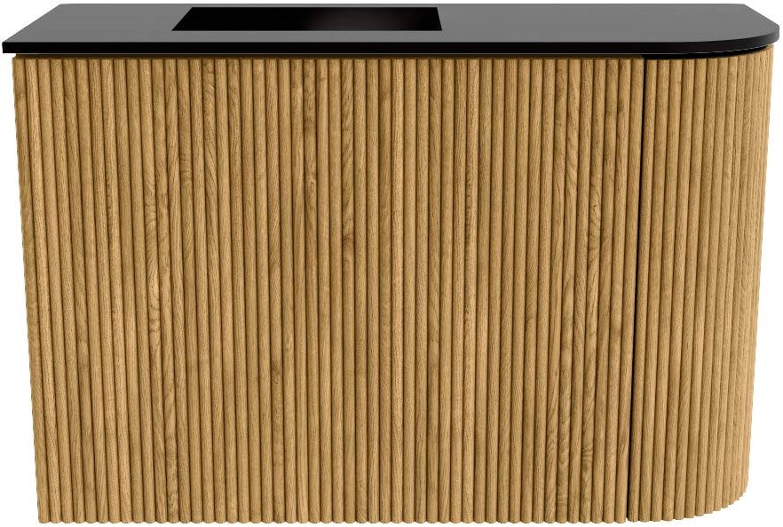 JOYA 61,6cm toiletmeubel ronding rechts kleur Oak. Wastafel FAYE positie Links Zonder kraangat kleur Urban.