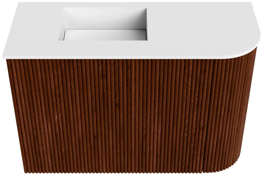 JOYA 61,6cm toiletmeubel ronding rechts kleur Ruby. Wastafel FAYE positie Links Zonder kraangat kleur Talc.