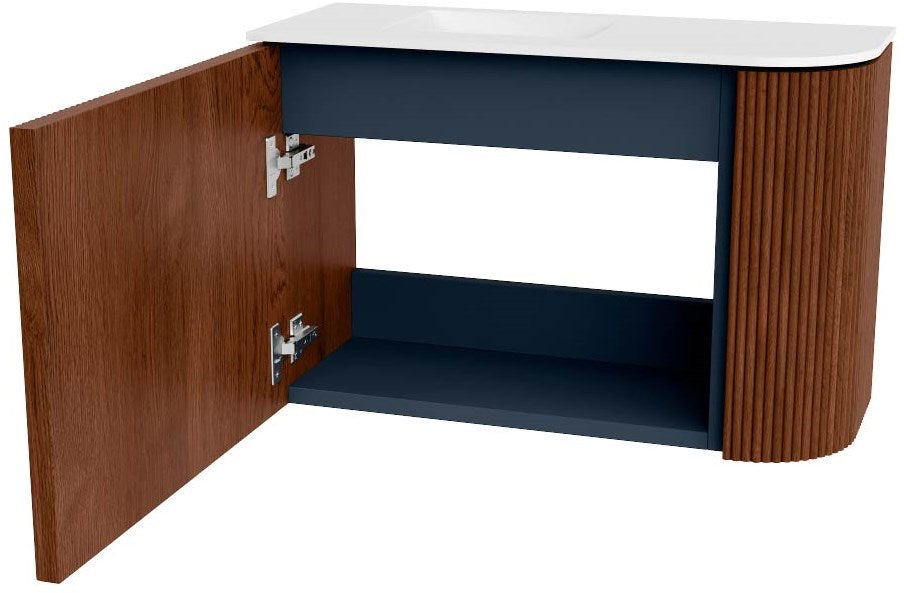 JOYA 61,6cm toiletmeubel ronding rechts kleur Ruby. Wastafel FAYE positie Links Zonder kraangat kleur Talc.