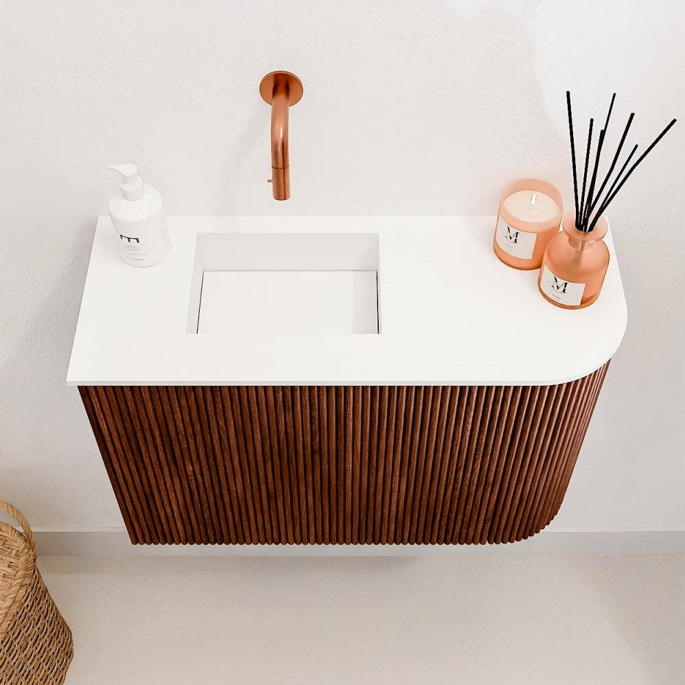 JOYA 61,6cm toiletmeubel ronding rechts kleur Ruby. Wastafel FAYE positie Links Zonder kraangat kleur Talc.