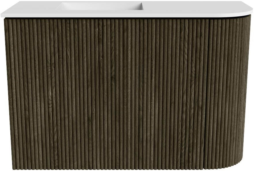 JOYA 61,6cm toiletmeubel ronding rechts kleur Shadow. Wastafel FAYE positie Links Zonder kraangat kleur Talc.