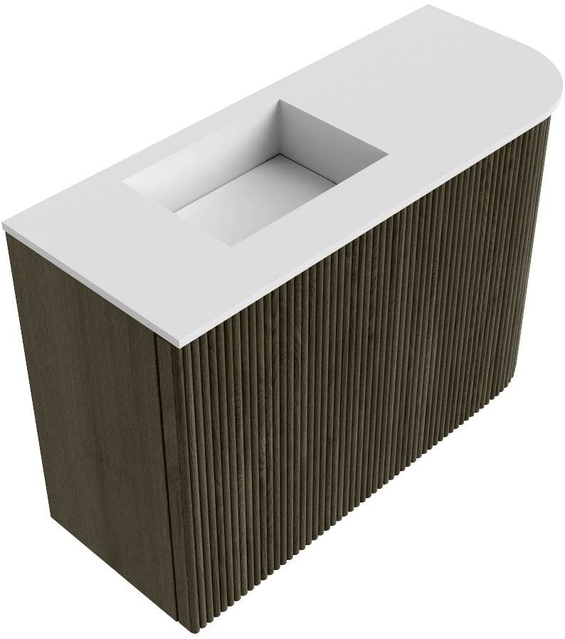 JOYA 61,6cm toiletmeubel ronding rechts kleur Shadow. Wastafel FAYE positie Links Zonder kraangat kleur Talc.