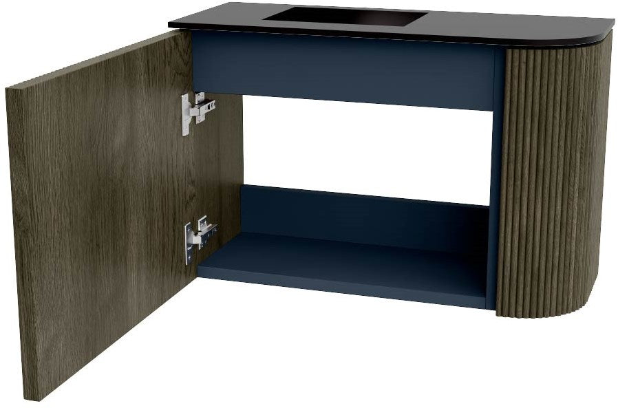 JOYA 61,6cm toiletmeubel ronding rechts kleur Shadow. Wastafel FAYE positie Links Zonder kraangat kleur Urban.