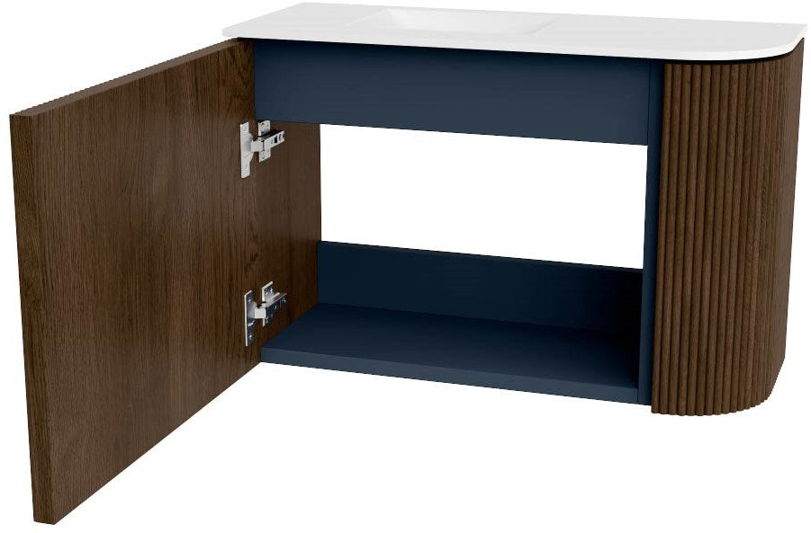 JOYA 61,6cm toiletmeubel ronding rechts kleur Walnut. Wastafel FAYE positie Links Zonder kraangat kleur Talc.