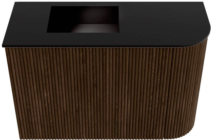 JOYA 61,6cm toiletmeubel ronding rechts kleur Walnut. Wastafel FAYE positie Links Zonder kraangat kleur Urban.