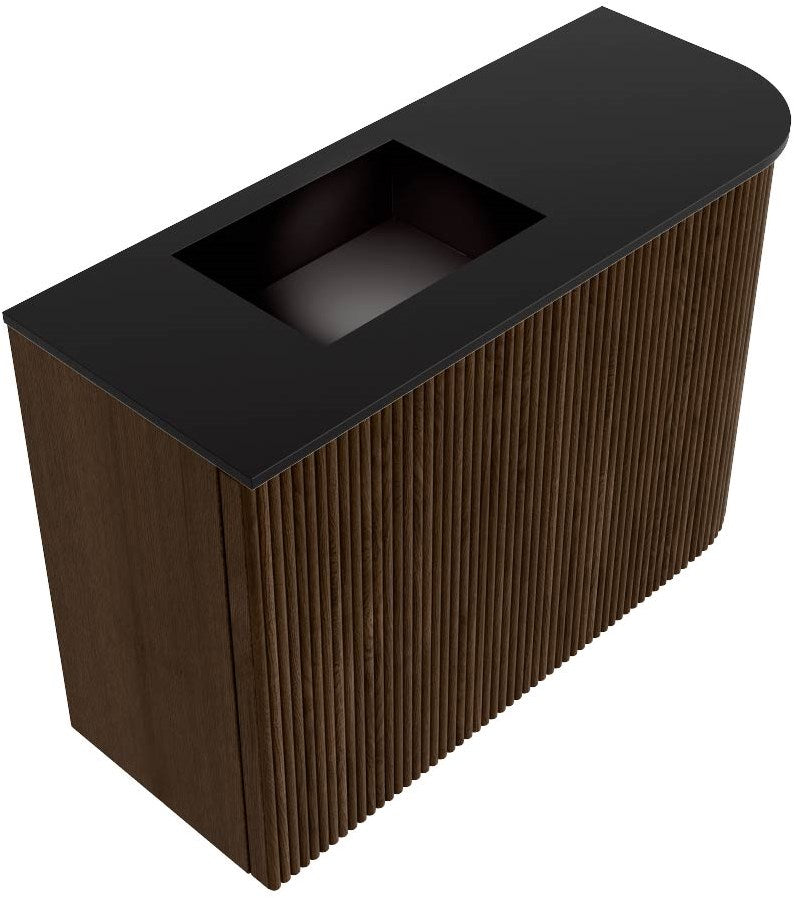 JOYA 61,6cm toiletmeubel ronding rechts kleur Walnut. Wastafel FAYE positie Links Zonder kraangat kleur Urban.