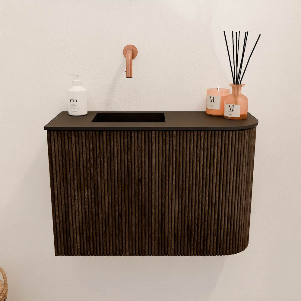 JOYA 61,6cm toiletmeubel ronding rechts kleur Walnut. Wastafel FAYE positie Links Zonder kraangat kleur Urban.