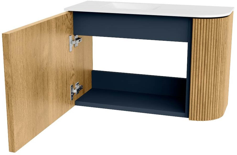 JOYA 61,6cm toiletmeubel ronding rechts kleur Oak. Wastafel FAYE positie Links 1 kraangat kleur Talc.