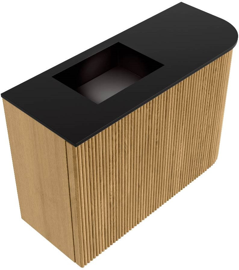 JOYA 61,6cm toiletmeubel ronding rechts kleur Oak. Wastafel FAYE positie Links 1 kraangat kleur Urban.