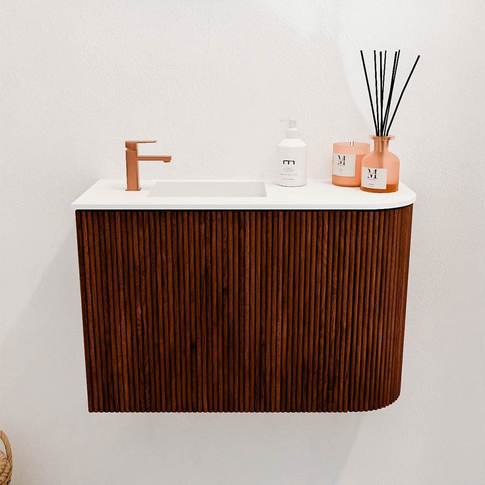 JOYA 61,6cm toiletmeubel ronding rechts kleur Ruby. Wastafel FAYE positie Links 1 kraangat kleur Talc.