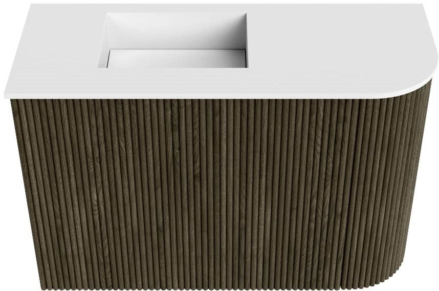 JOYA 61,6cm toiletmeubel ronding rechts kleur Shadow. Wastafel FAYE positie Links 1 kraangat kleur Talc.