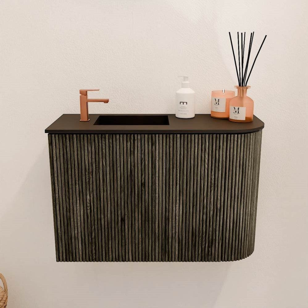 JOYA 61,6cm toiletmeubel ronding rechts kleur Shadow. Wastafel FAYE positie Links 1 kraangat kleur Urban.