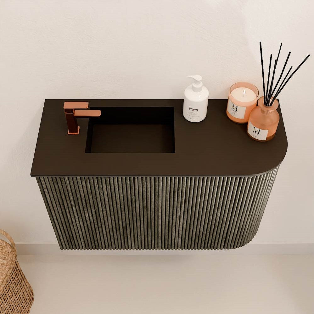 JOYA 61,6cm toiletmeubel ronding rechts kleur Shadow. Wastafel FAYE positie Links 1 kraangat kleur Urban.