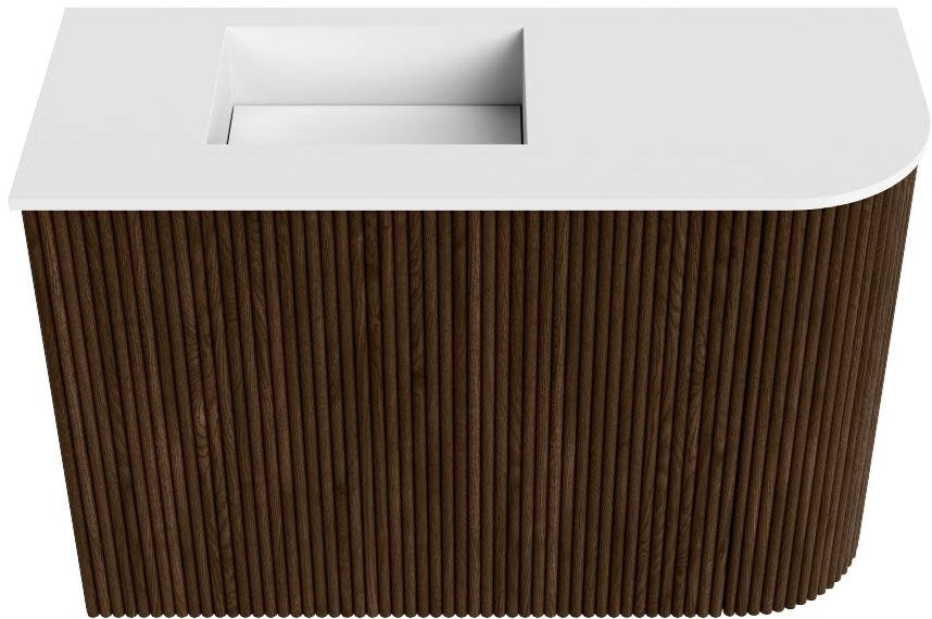 JOYA 61,6cm toiletmeubel ronding rechts kleur Walnut. Wastafel FAYE positie Links 1 kraangat kleur Talc.