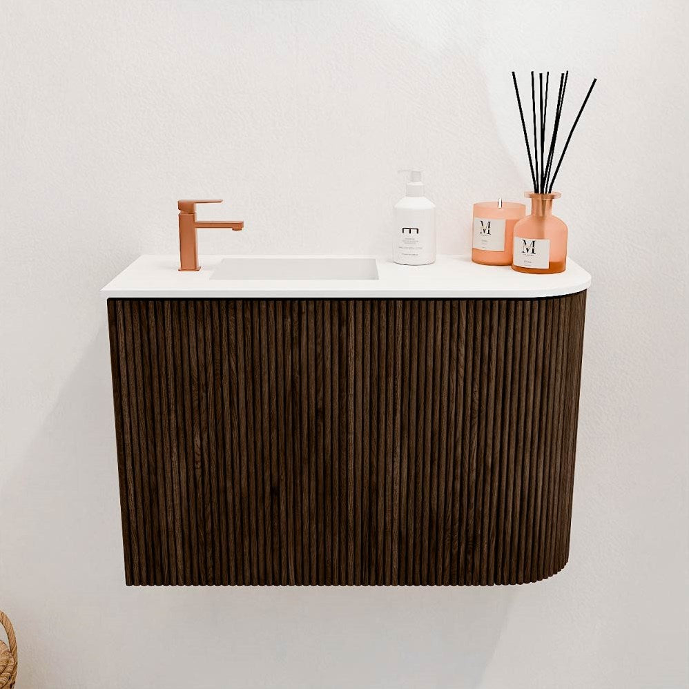 JOYA 61,6cm toiletmeubel ronding rechts kleur Walnut. Wastafel FAYE positie Links 1 kraangat kleur Talc.