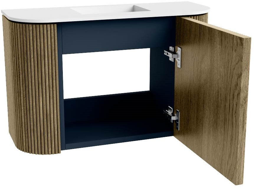 JOYA 63,2cm toiletmeubel ronding links + rechts kleur Dusk. Wastafel FAYE positie Midden Zonder kraangat kleur Talc.