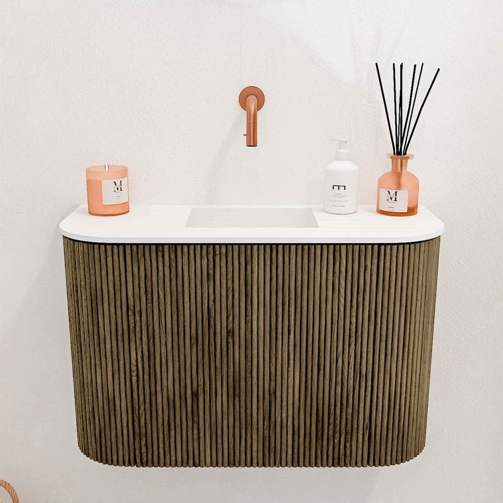 JOYA 63,2cm toiletmeubel ronding links + rechts kleur Dusk. Wastafel FAYE positie Midden Zonder kraangat kleur Talc.