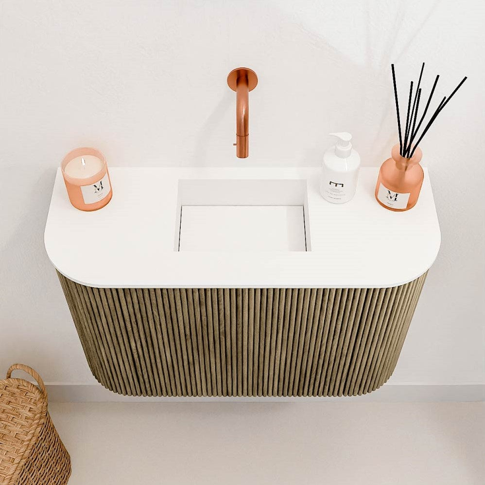 JOYA 63,2cm toiletmeubel ronding links + rechts kleur Dusk. Wastafel FAYE positie Midden Zonder kraangat kleur Talc.