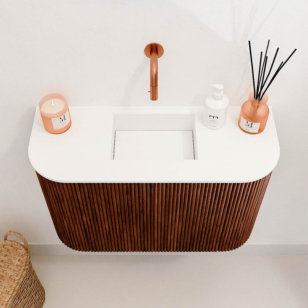 JOYA 63,2cm toiletmeubel ronding links + rechts kleur Ruby. Wastafel FAYE positie Midden Zonder kraangat kleur Talc.