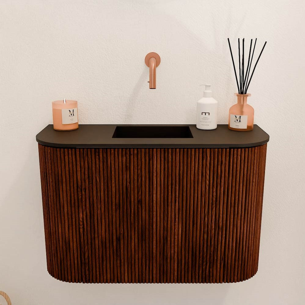JOYA 63,2cm toiletmeubel ronding links + rechts kleur Ruby. Wastafel FAYE positie Midden Zonder kraangat kleur Urban.