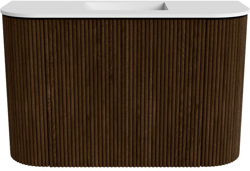 JOYA 63,2cm toiletmeubel ronding links + rechts kleur Walnut. Wastafel FAYE positie Midden Zonder kraangat kleur Talc.