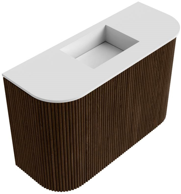 JOYA 63,2cm toiletmeubel ronding links + rechts kleur Walnut. Wastafel FAYE positie Midden Zonder kraangat kleur Talc.