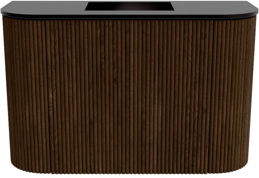JOYA 63,2cm toiletmeubel ronding links + rechts kleur Walnut. Wastafel FAYE positie Midden Zonder kraangat kleur Urban.