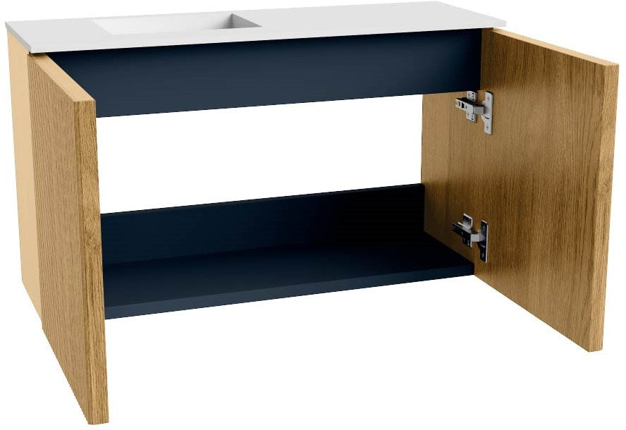 JOYA 70cm toiletmeubel kleur Oak. Wastafel FAYE positie Links Zonder kraangat kleur Talc.