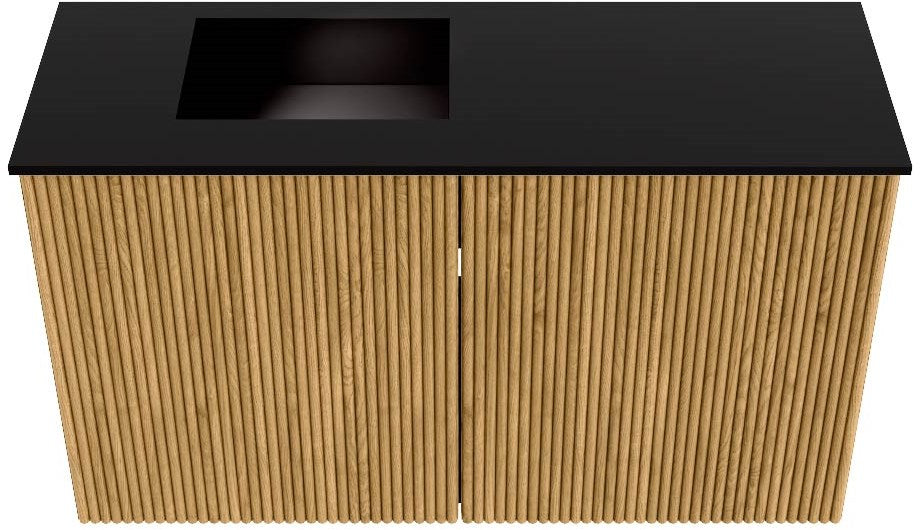 JOYA 70cm toiletmeubel kleur Oak. Wastafel FAYE positie Links Zonder kraangat kleur Urban.