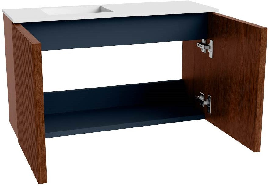 JOYA 70cm toiletmeubel kleur Ruby. Wastafel FAYE positie Links Zonder kraangat kleur Talc.