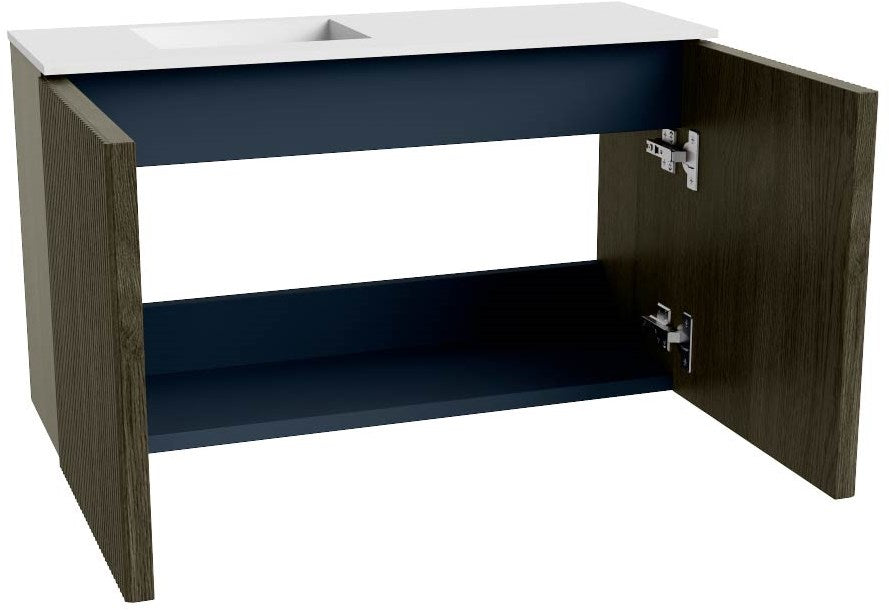 JOYA 70cm toiletmeubel kleur Shadow. Wastafel FAYE positie Links Zonder kraangat kleur Talc.