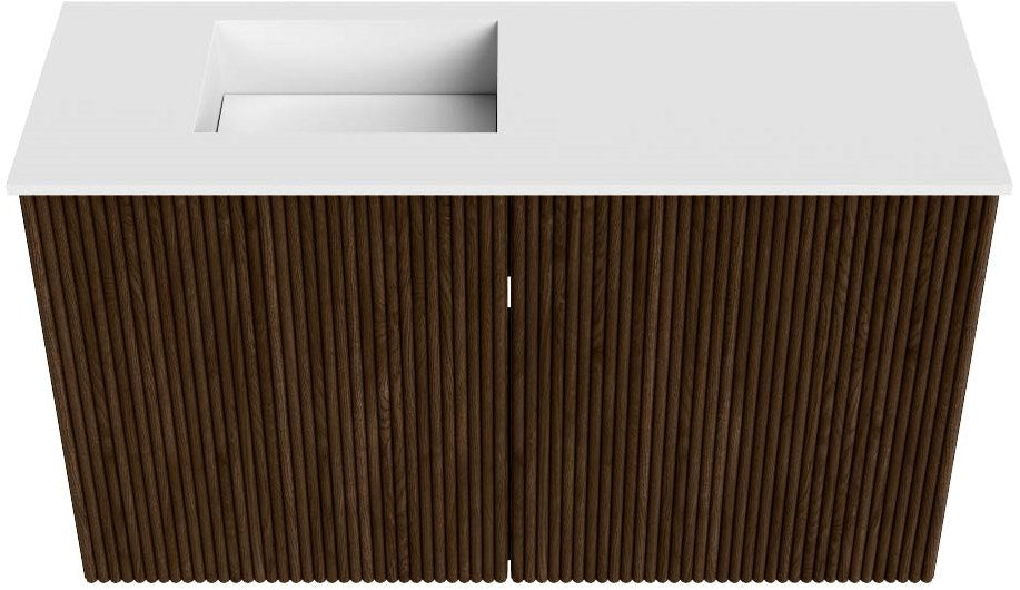 JOYA 70cm toiletmeubel kleur Walnut. Wastafel FAYE positie Links Zonder kraangat kleur Talc.